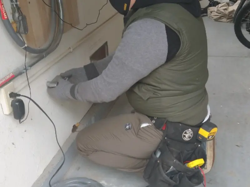 Electrician performing outlet wiring in a Eureka garage